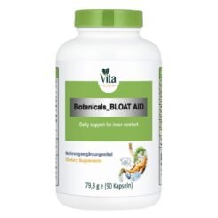 Vita Elixia Botanicals_Bloat Aid dietary supplement bottle with light green cap and label, 90 capsules.