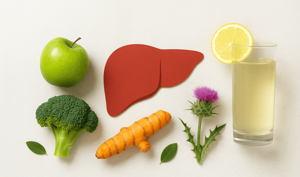 A minimalist flat-lay graphic featuring a red paper-cut illustration of a human liver surrounded by detoxifying foods: a green apple, broccoli, turmeric root, milk thistle, and a glass of lemon water