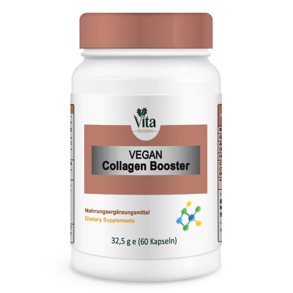 A white 60-capsule bottle of "Vegan Collagen Booster" dietary supplement, featuring a brown cap and a colorful molecular structure icon.