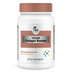 A white 60-capsule bottle of "Vegan Collagen Booster" dietary supplement, featuring a brown cap and a colorful molecular structure icon.