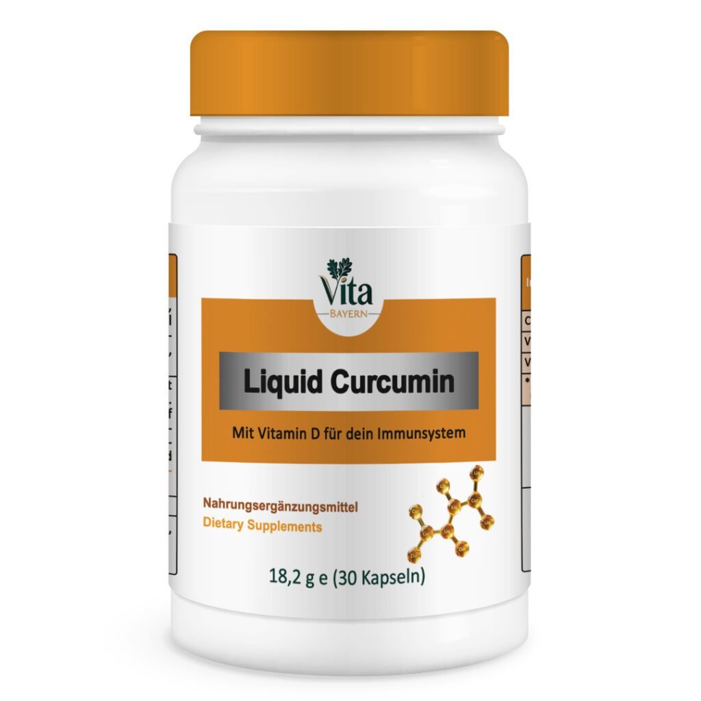A 30-capsule bottle of "Liquid Curcumin with Vitamin D" for immune support, featuring an orange cap and a golden molecular chain illustration
