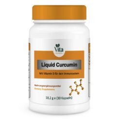A 30-capsule bottle of "Liquid Curcumin with Vitamin D" for immune support, featuring an orange cap and a golden molecular chain illustration