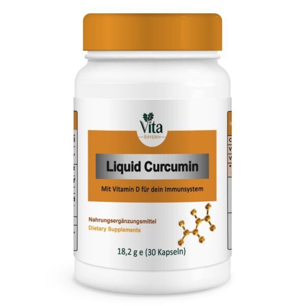 A 30-capsule bottle of "Liquid Curcumin with Vitamin D" for immune support, featuring an orange cap and a golden molecular chain illustration