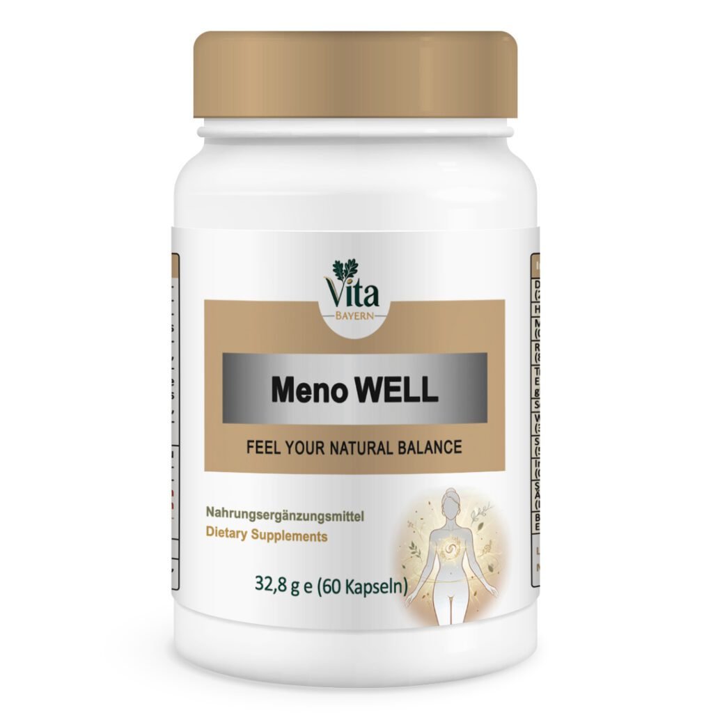 A white 60-capsule bottle of "Meno WELL," subtitled "Feel Your Natural Balance," featuring a tan cap and an illustration of a woman's silhouette with a glowing core.