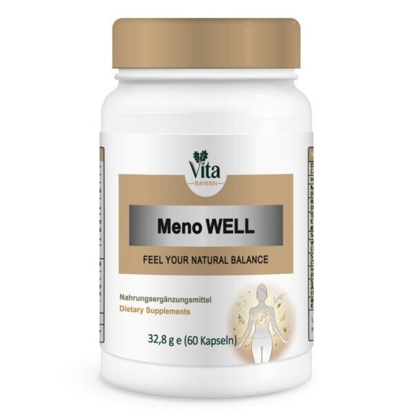 A white 60-capsule bottle of "Meno WELL," subtitled "Feel Your Natural Balance," featuring a tan cap and an illustration of a woman's silhouette with a glowing core.