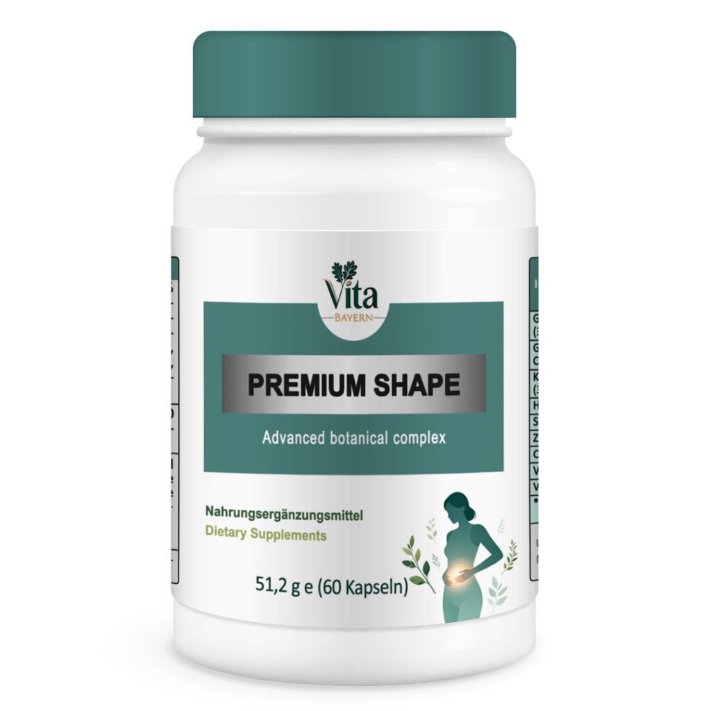 A white 60-capsule bottle of "PREMIUM SHAPE," an advanced botanical complex for dietary support, featuring a dark teal cap and a silhouette icon of a woman with a glowing midsection.