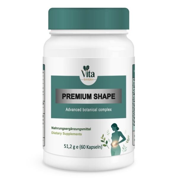 A white 60-capsule bottle of "PREMIUM SHAPE," an advanced botanical complex for dietary support, featuring a dark teal cap and a silhouette icon of a woman with a glowing midsection.