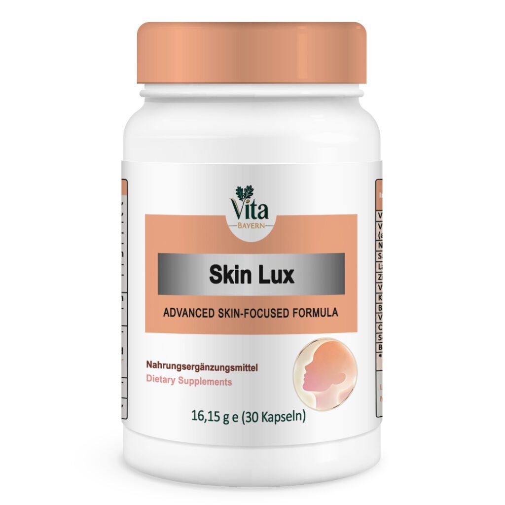 A white 30-capsule bottle of "Skin Lux," an advanced skin-focused formula featuring a soft peach cap and a silhouette icon of a woman's profile.