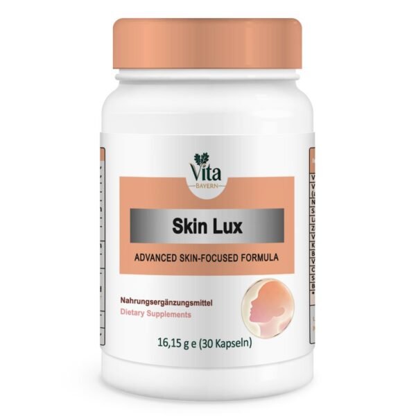A white 30-capsule bottle of "Skin Lux," an advanced skin-focused formula featuring a soft peach cap and a silhouette icon of a woman's profile.