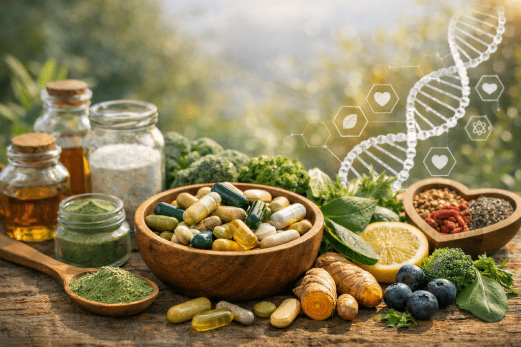 An outdoor wooden table display of various dietary supplement capsules in a wooden bowl, surrounded by raw ingredients like turmeric root, blueberries, broccoli, lemon, and green superfood powder. A DNA helix and heart health icons are overlaid in the background to represent science-backed nutrition