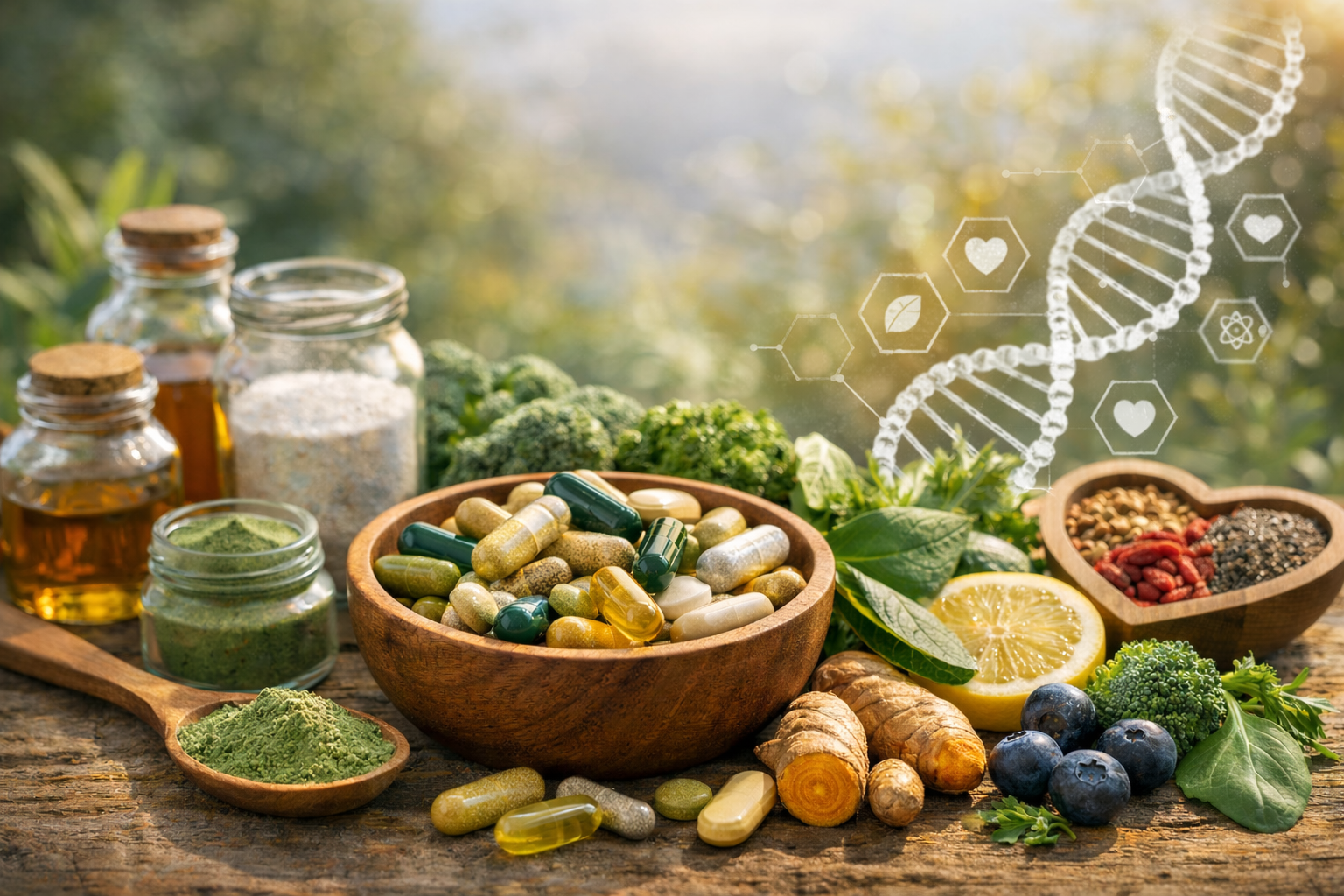 An outdoor wooden table display of various dietary supplement capsules in a wooden bowl, surrounded by raw ingredients like turmeric root, blueberries, broccoli, lemon, and green superfood powder. A DNA helix and heart health icons are overlaid in the background to represent science-backed nutrition