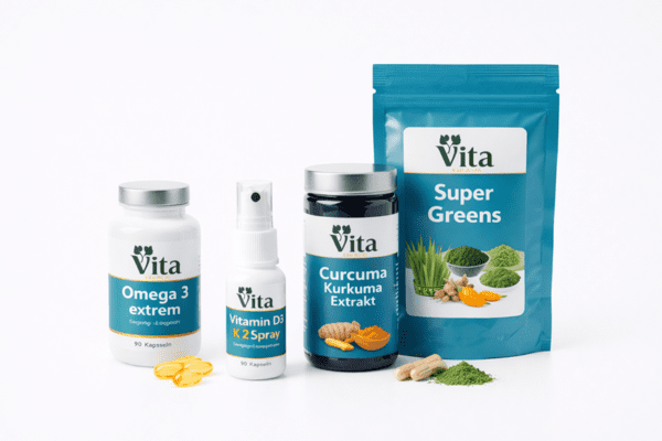 A collection of Vita health products including Omega 3 extrem capsules, Vitamin D3 K2 Spray, Curcuma Kurkuma Extract, and a Super Greens powder pouch.