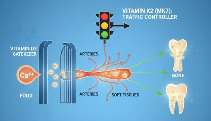 A conceptual diagram on a blue background explaining the roles of Vitamin D3 as a "Gatekeeper" allowing calcium from food into the body, and Vitamin K2 as a "Traffic Controller" (represented by a traffic light) directing calcium away from arteries and soft tissues toward bones and teeth