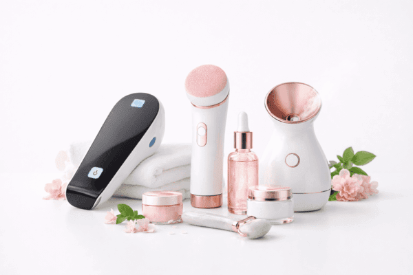 A collection of white and rose gold skincare devices, including a facial steamer, electronic cleansing brush, and massage roller, displayed with pink cosmetic jars and fresh flowers