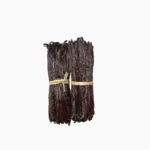 Two large bundles of dark, moist gourmet vanilla beans tied with natural raffia