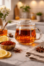 A glass teapot of steeping saffron tea on a marble counter with fresh lemon slices, star anise, and a bowl of saffron threads.