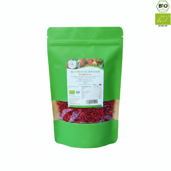 A 200g bright green pouch of Blumental Bayern Organic Barberries (Bio-Berberitzen) featuring a window showing the dried red berries and the EU organic seal