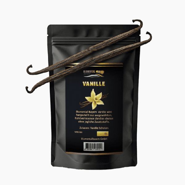 A sleek black 100g stand-up pouch of Blumental Bayern Vanilla, featuring two whole hand-selected vanilla beans resting on top of the packaging