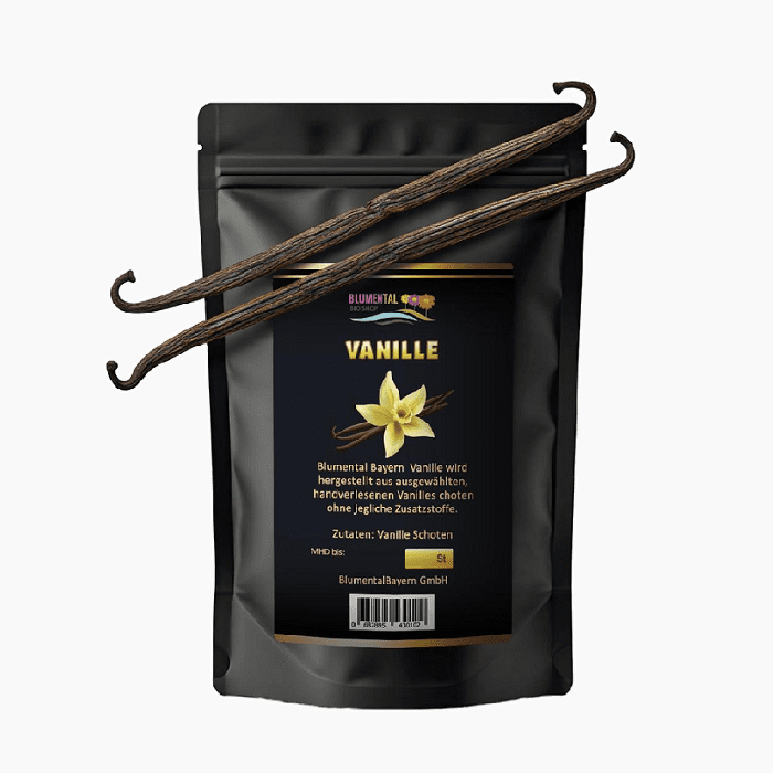 A sleek black 100g stand-up pouch of Blumental Bayern Vanilla, featuring two whole hand-selected vanilla beans resting on top of the packaging