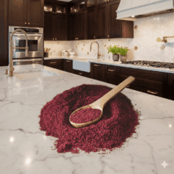 A wooden spoon rests on a pile of vibrant deep-red sumac spice powder on a white marble kitchen island in a luxury modern kitchen with dark wood cabinetry