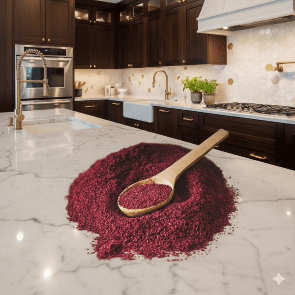 A wooden spoon rests on a pile of vibrant deep-red sumac spice powder on a white marble kitchen island in a luxury modern kitchen with dark wood cabinetry