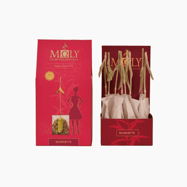 Moly Silhouette organic herbal tea box and open display set showing multiple tea bags with artisanal herbal stems.