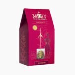 Premium pink box of Moly Silhouette organic herbal tea showcasing the handmade tea bag with a natural herbal stem