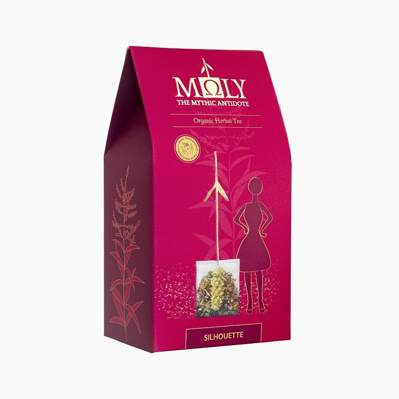 Premium pink box of Moly Silhouette organic herbal tea showcasing the handmade tea bag with a natural herbal stem