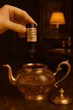 Hand adding drops of Golden Saffron Extract into a glass and gold teapot filled with herbal tea