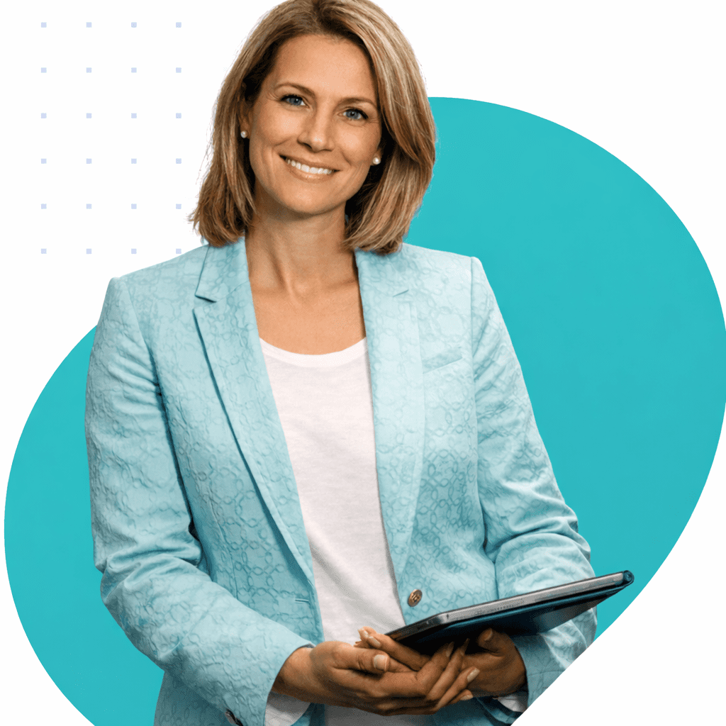 A smiling professional woman in a light blue blazer holding a digital tablet against a geometric teal circular background