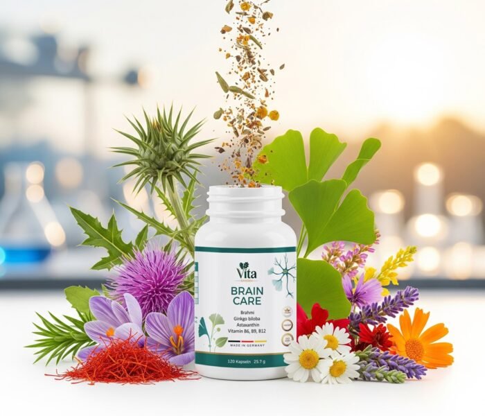 Vita Brain Care supplement bottle surrounded by ginkgo leaves, milk thistle, saffron, and purple flowers with herbal particles pouring into the top