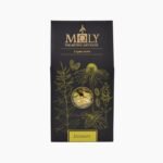 Black Moly Organic Herbs Ironwort packaging featuring gold botanical line art and a circular window showing dried mountain tea herbs