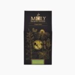 Black Moly Organic Herbs Lemon balm packaging featuring gold botanical line art and a circular window showing dried herbs