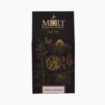 Black Moly Organic Herbs packaging with gold botanical line art and a circular window showing Lemon vervain dried leaves
