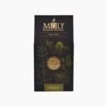 Black Moly Organic Herbs packaging featuring gold botanical line art and a circular window showing dried oregano herbs