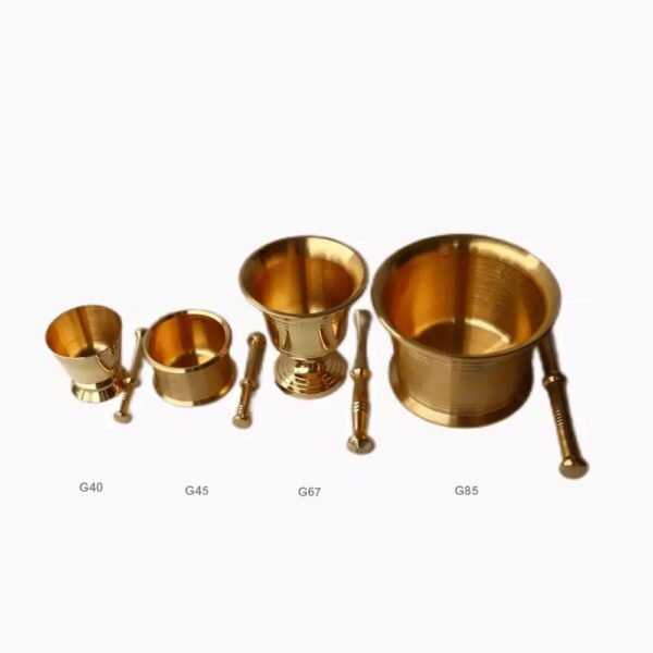 Four sizes of polished gold brass mortar and pestles labeled G40, G45, G67, and G85, arranged in a row.