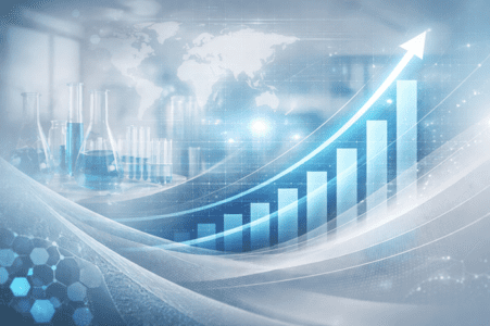 Conceptual blue laboratory graphic showing a rising growth bar chart over a world map and glass chemistry flasks