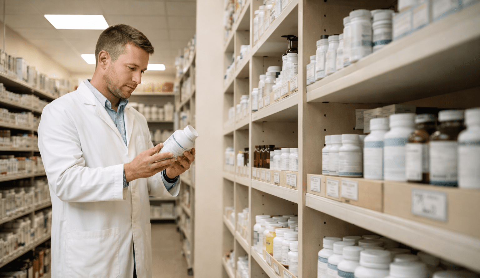 A pharmacist in a white coat reviewing a medicine bottle in a well-stocked local Bavarian pharmacy