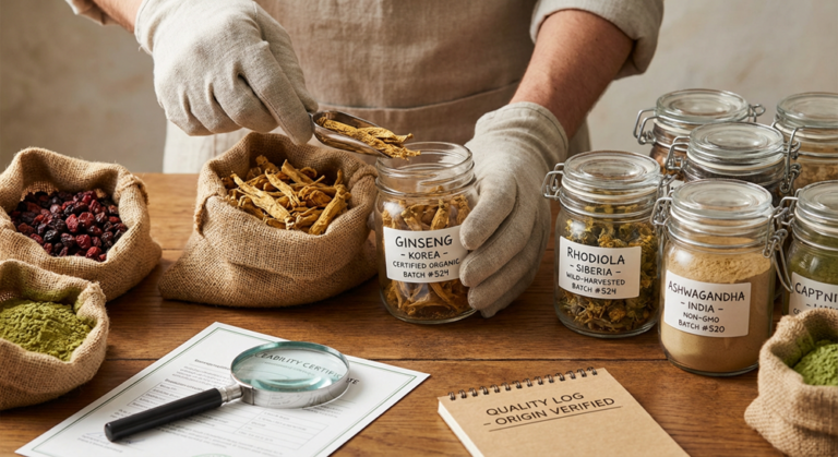 A photo from an herb quality control station. A person wearing beige gloves is using a metal scoop to transfer dried ginseng root from a burlap sack into a glass jar.