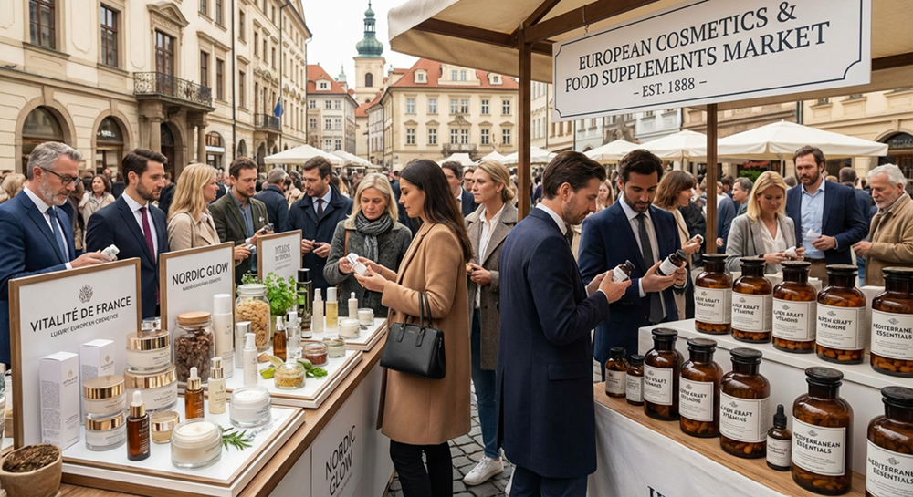 A crowd of people explores outdoor market stalls offering European cosmetics and food supplements in a historic square.