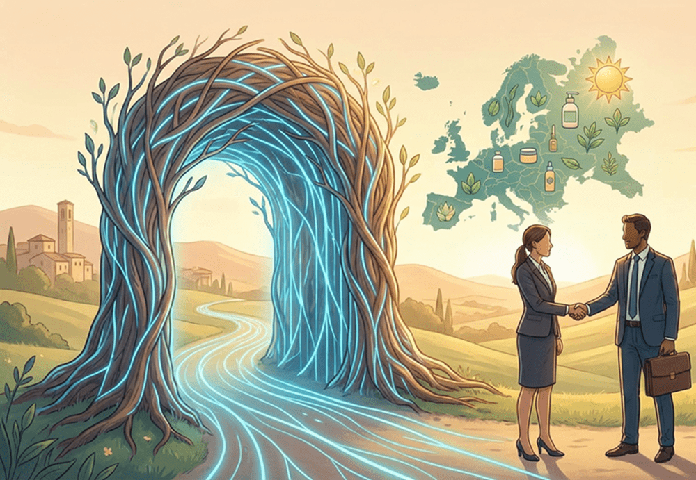Illustration for Vita Elixia’s Strategic Gateway to the European Wellness Market showing a glowing gateway, a handshake, and a map of Europe with wellness icons.