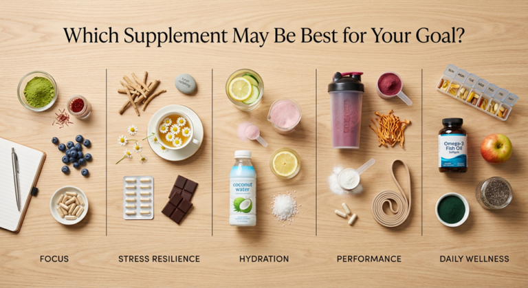 An infographic titled "Which Supplement May Be Best for Your Goal?" laid out on a light wooden surface with divided columns.
