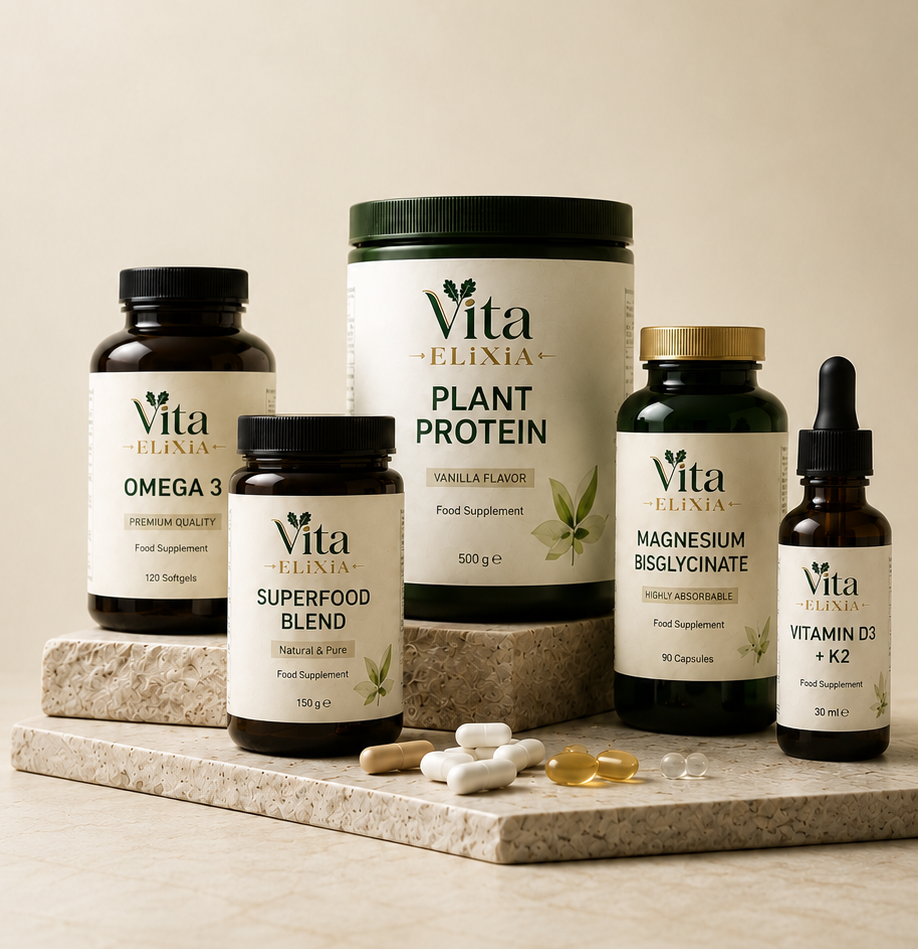 The Vita Elixia supplement range - capsules, powders and liquids in Vita Elixia livery