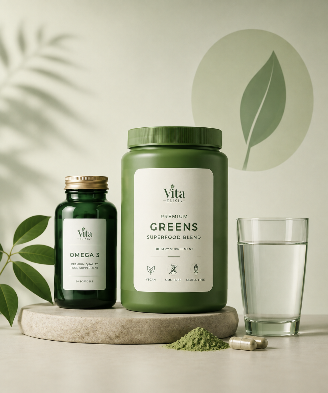 Vita Elixia Greens superfood blend and Omega 3 - formulated and manufactured in Germany