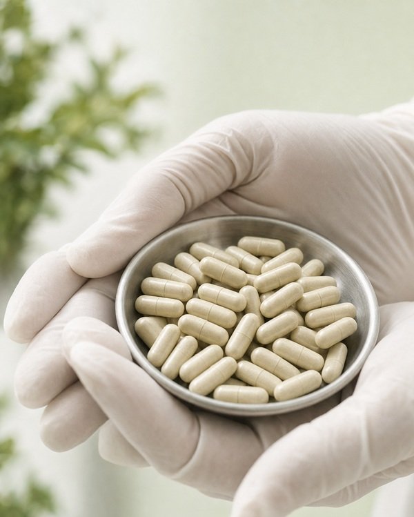 Gloved hands holding a stainless steel dish of cream-coloured vegetarian capsules in a German food supplement production facility