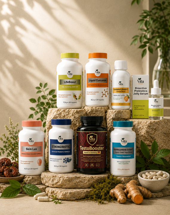 Vita Elixia food supplement range — capsules, powders and liquids manufactured in Germany